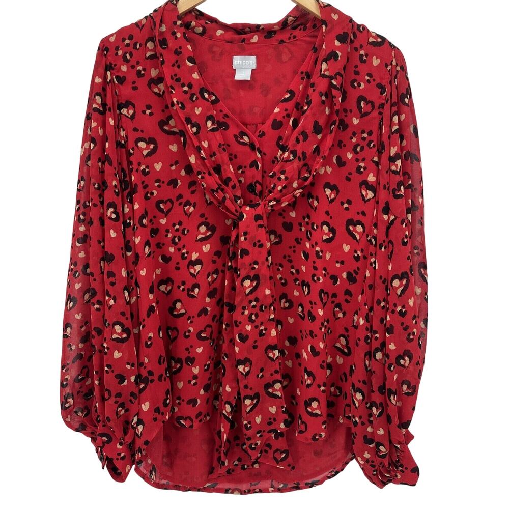 Chico's Blouse Womens Medium Red Heart Leopard Print Button Up Shirt Tie Front